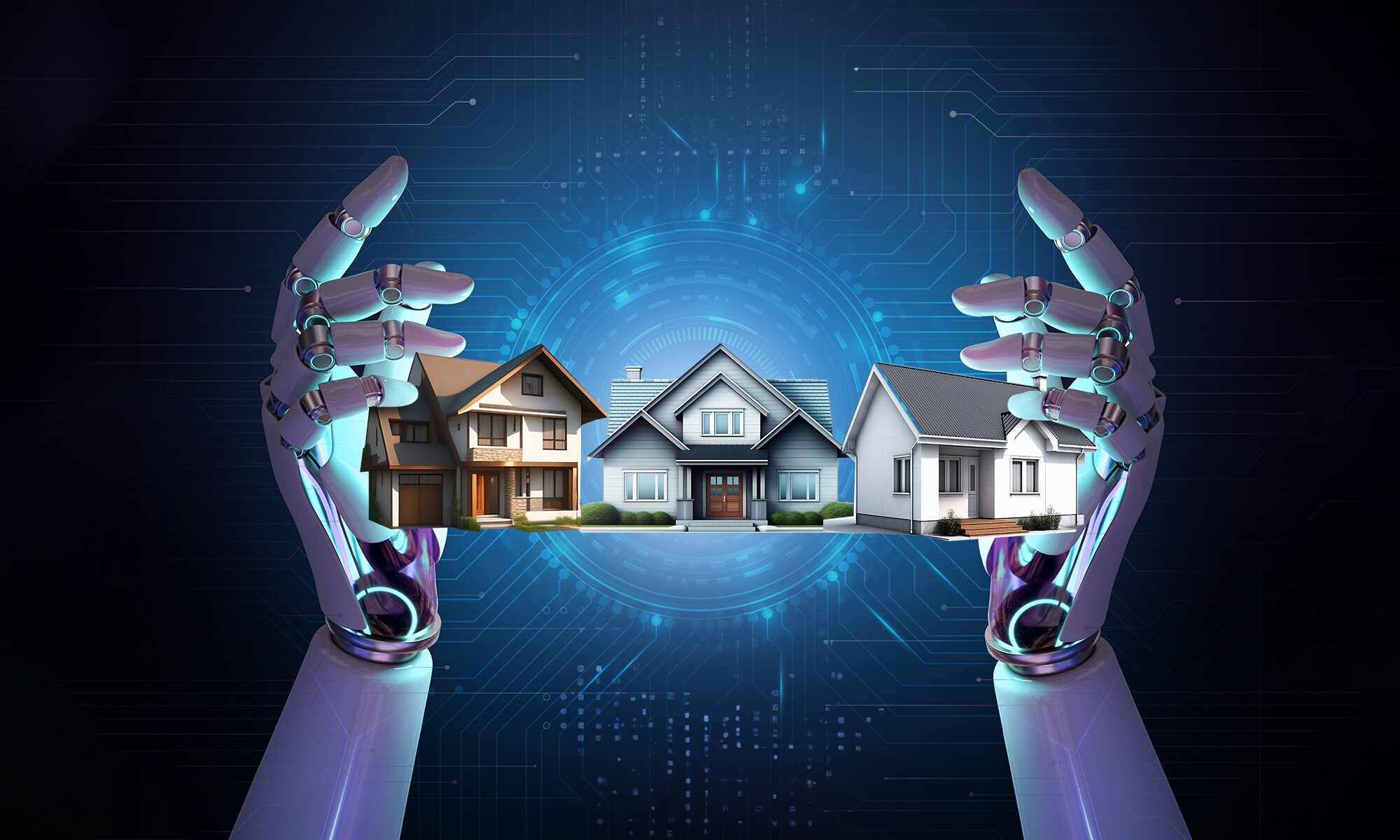 alt="Robotic hand holding miniature houses symbolizing intelligent real estate asset management"